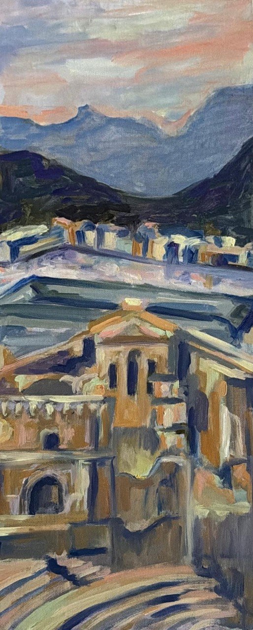 Colinas, Arsenal, Catedral y Teatro de Cartagena, óleo sobre tablilla. Obra de David Pujalte